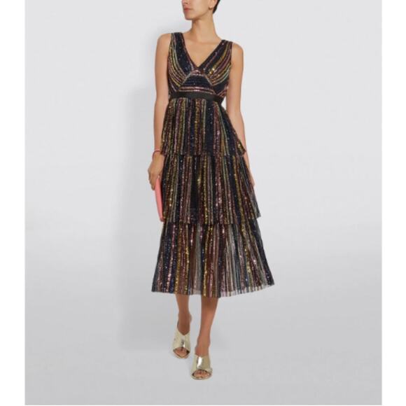 Self-Portrait Striped Sequin Midi Dress - Picture 1 of 14